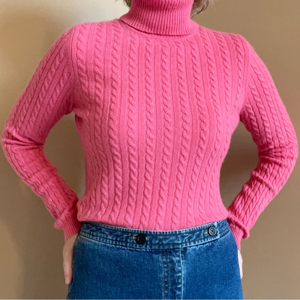 Pink Cashmere Cable Knit Turtleneck Sweater - Picture 6 of 8